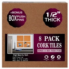 8 Pack 12x12 Cork Board Tiles, 1/2 Thick, Bulletin Board, Mini Wall, Natural