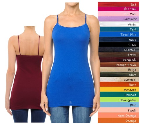 Long Tank Top Adjustable Spaghetti Bra Strap Layering Plain Cami  S/M/L