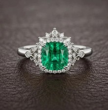 3.00 Ct Cushion Cut Natural Emerald  Diamond Wedding Ring 14K White Gold
