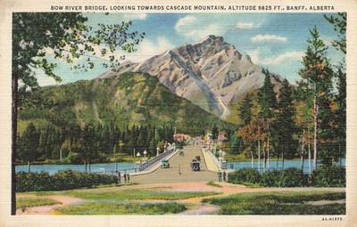 Bow River Bridge Cascade Mountain Banff Alberta Vintage Linen Postcard 1934