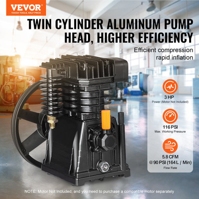 Air Compressor Pump Head 3HP 5.8CFM @ 90PSI Twin Cylinder Piston Pump Head