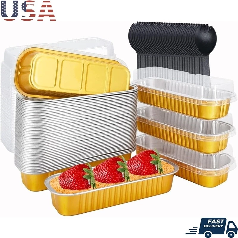 50 Sets Mini Aluminum Foil Baking Pans W/ Lids & Spoons Parties Events New