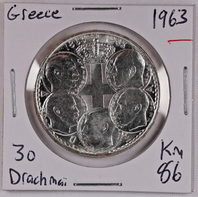 ギリシャ 30 ドラクマ 記念銀貨1863-1963 1963 Greece 30 Drachmai Paul I Royal Dynasty Silver 0.835 Coin Km