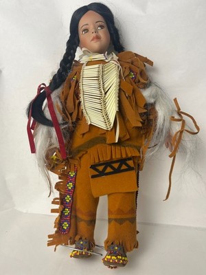 Vintage Native American Porcelain Doll 13.5  Handmade Outfit Beaded Details