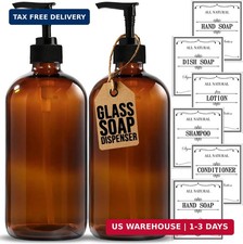 16 OZ Thick Amber Glass Soap Dispenser with Pump 2 Pack, Hand and Dish Soap D...