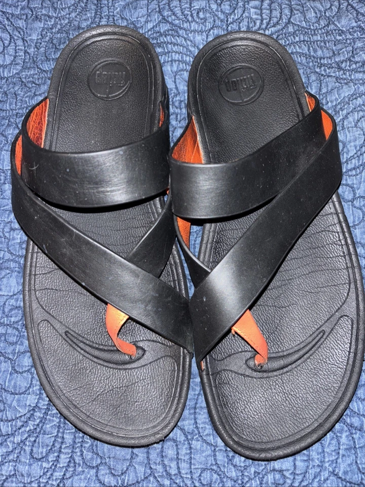 Chanclas Fitflop Hombre 11 EU 43 Sling Tanga Sandalia Cuero Negro Punta Roja Foto 2 de 4