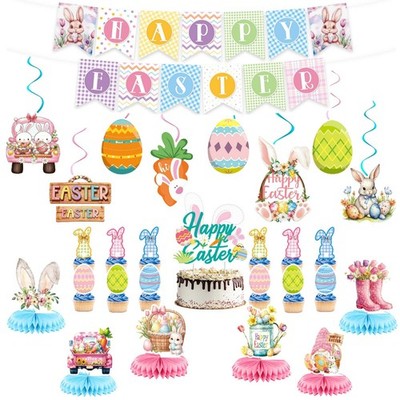 Easter Decorations Set, Happy Easter Banner, Hanging Swirls, Cake Toppers, Ho...