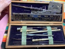 Vintage Needle Case Sewing Box, bone tools and Needles in Custom Wooden case