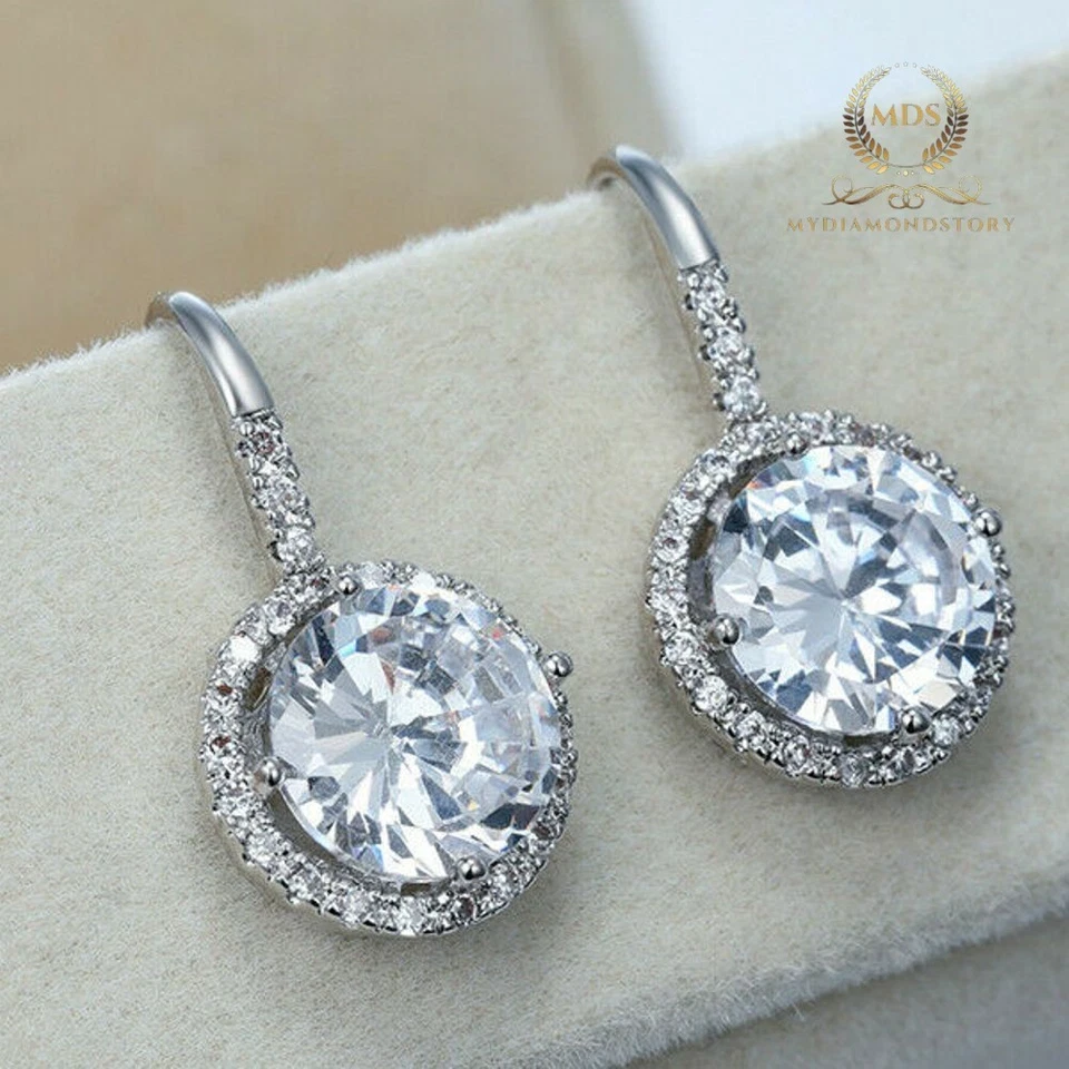 Solid 14K White Gold Moissanite Drop/Dangle Wedding Earrings 2.80 CT Round Cut - Image 3 of 4