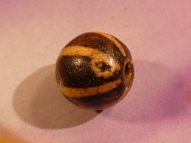ANTIQUE OLDER PUMTEK BEAD 6 STRIPE LINE DECORATED NATURAL EYE RUSTIC PATINA 10.8