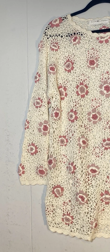 Винтажный Maggie Lawrence крючком туника свитер Sz S слоновой кости розовый 3D цветочный Cottagecore - Изображение 4 из 4