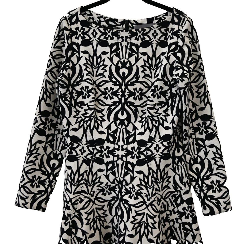 Lela Rose Fit and Flare Dress Size 10 Black White Damask Long Sleeve Boat Neck - Image 2 of 4