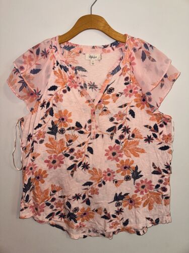 Style & Co Womens size Large floral blouse Semi Sheer sleeves Pink - Afbeelding 1 van 7