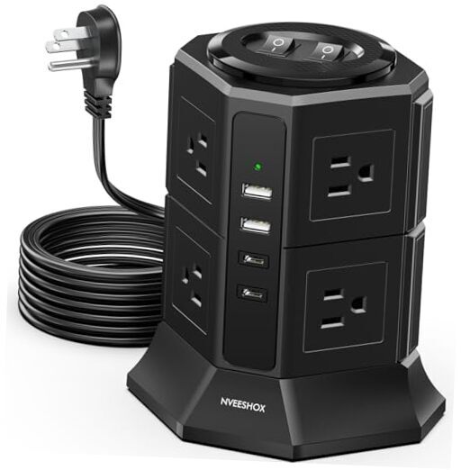 Surge Protector Power Strip Tower with 8 AC Outlets 4 USB Ports(2 Black+6.5 FT