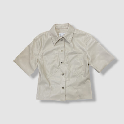 $445 Nanushka Women's Beige Sabine Short-Sleeve Alt-Leather Shirt Top Size M
