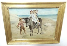 ANTIQUE PRIMITIVE  PAINTING ON MILLBOARD SIGNED AND FRAMED  CHILDREN ON DONKEY