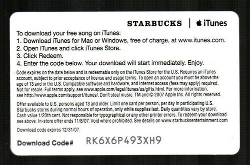 Tarjeta STARBUCKS / ITUNES Canción del Día, Sia (2007) (CADUCADA) - Imagen 2 de 2