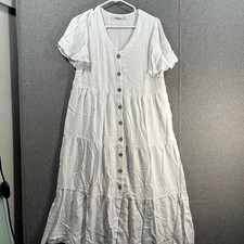 Susan Graver Reg Pure Linen Blend Tiered Button-Front Midi D White, Medium