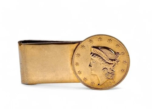 1854 Liberty $20 Double Eagle USA Coin Money Clip - Vintage 1970's Replica, Gold