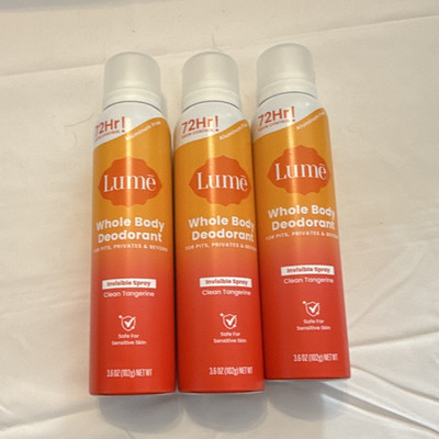Lume Whole Body Deodorant Invisible Spray Clean Tangerine Aluminum-Free 72Hr 3pc