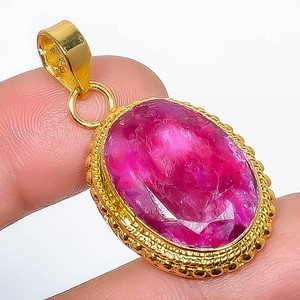 Authentic Ruby (Lab-Created) Gemstone 925 Silver Gold Plated Pendant 1.56" P7622-234