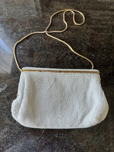 Vintage White Beaded Hand Bag with Gold Frame Chain Handle Chadwyck - Picture 2 of 8