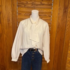 Vintage R & J Cream Tie Neck Blouse Long Sleeve Button Down Made in USA Womens