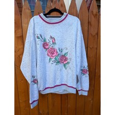 Vintage 90s Action Rose Floral Sweatshirt Gray Pink Striped Trim Made in USA L