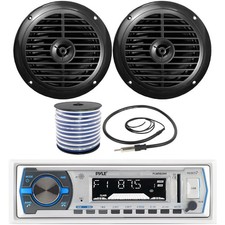 Pyle Single DIN Bluetooth Marine MP3 Receiver, 2x 6.5'' 120W Speakers  Wire