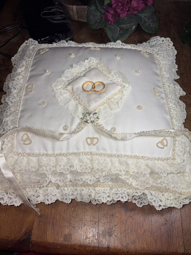 Vintage Wedding Ring Pillow Ring Bearer  Lace Iridescent Beads13 X 13 Inches.￼￼