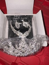 Crystal Tiara Crown Jewelry Set With Earrings Necklace Costume Accessory