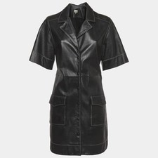 Ganni Black Leather Short Sleeve Belted Shirt Dress M