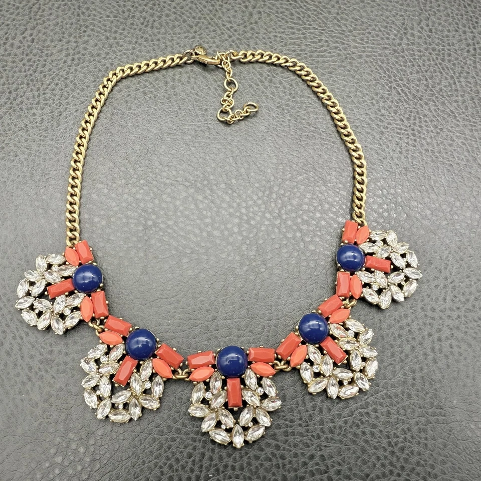J.Crew 水晶声明项链金色蓝色珊瑚粉红色围兜厚重珠宝首饰 — 第 2/4 张图片