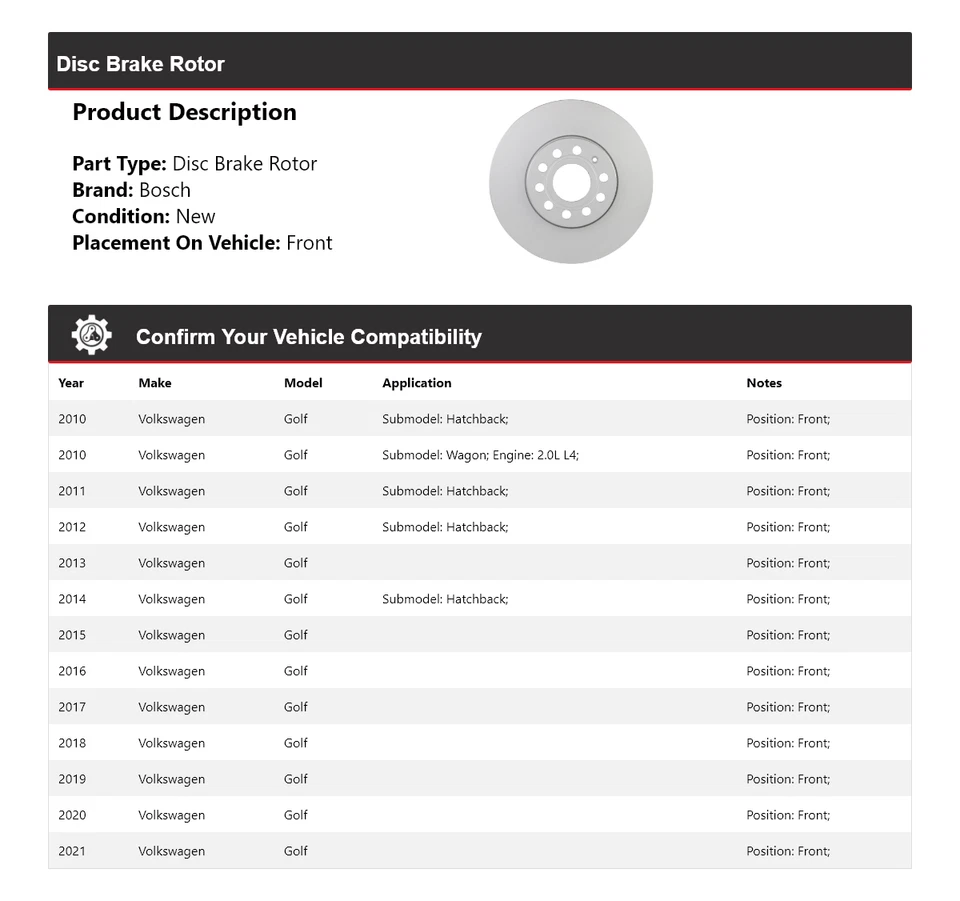 For 2010-2021 Volkswagen Golf Bosch QuietCast Disc Brake Rotor Front 2011 2012 Foto 2 de 4