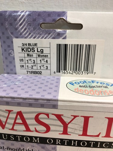 Vasyli Custom Orthotics KIDS L 3/4 Length Blue Heat Mouldable Foot Fresh NIB - Picture 2 of 2