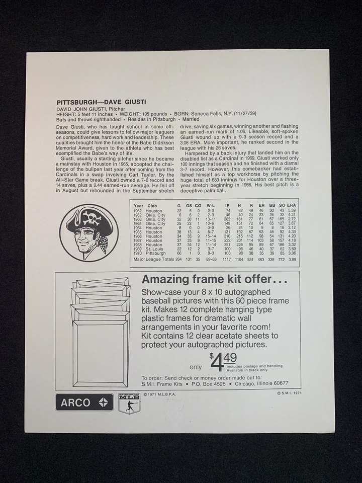 Vintage 1971 Pittsburgh Pirates Dave Giusti Pre-Print Autographed 8x10 Photo - Image 2 of 2