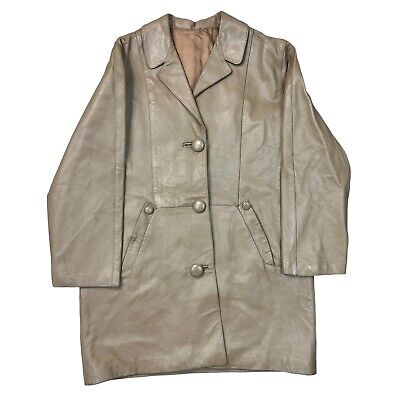 Vintage Leather Trench Coat Jacket Genuine Retro Long Beige Womens ...