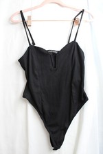 Women's Black Rib polyester Strap Almost Famous T Back Snap Leotard M