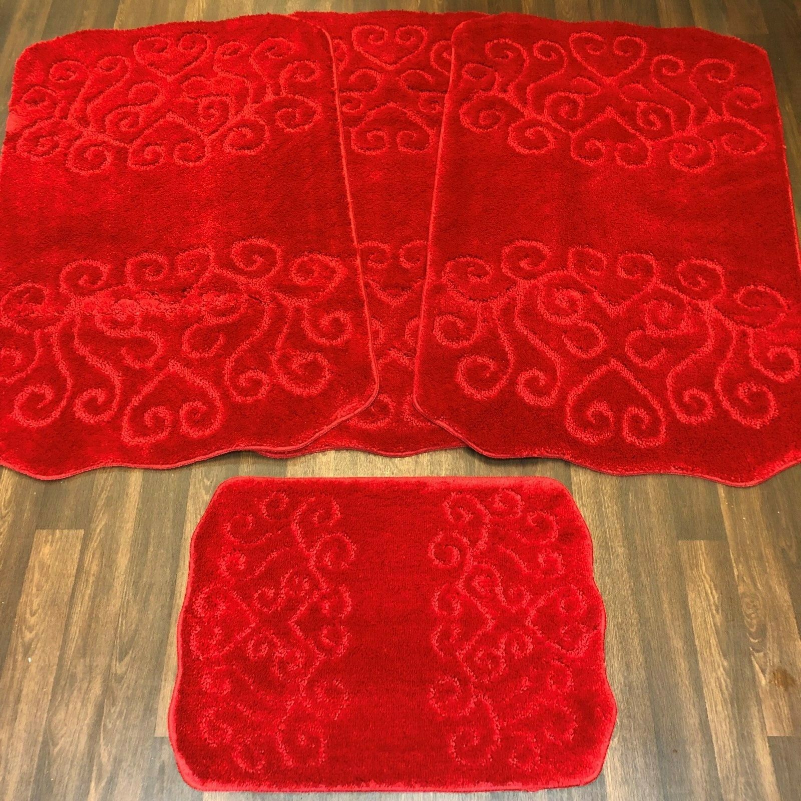 ROMANY WASHABLES GYPSY MATS THICK 4PCS RUG HEARTS DESIGN NON SLIP RED
