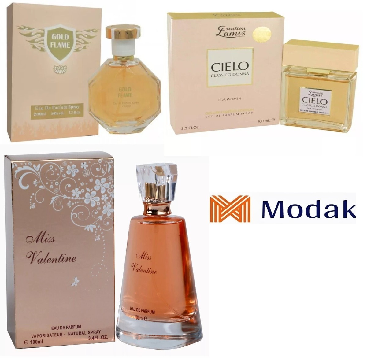 Modak Pack women Perfume Gold Flame, Cielo Classico ,Miss Valentine EDP  100ml