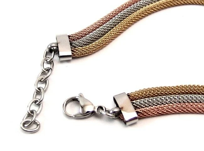 Pulsera Corazón Malla Tri Color Oro Rosa PVD Oro Amarillo PVD Ajustable Foto 3 de 4