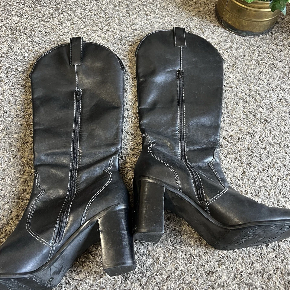 Bota Franco Sarto Mujer Talla 10 Alta Cuero Negro Western Tacón Bloque Montar De Colección Foto 3 de 4