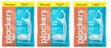 BL Plackers Twin-Line Floss Picks Cool Mint 75 Count each *Three Pack*