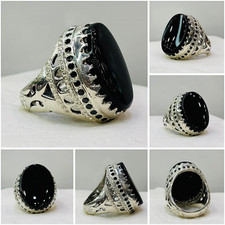 Natural Black Agate Ring, 925 Sterling Silver Ring, Yemeni Aqeeq Ring, Mens Ring