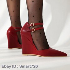 Spring Women's Pointed Toe Very High Wedge Heel Buckle Pumps Wedding Party Shoes