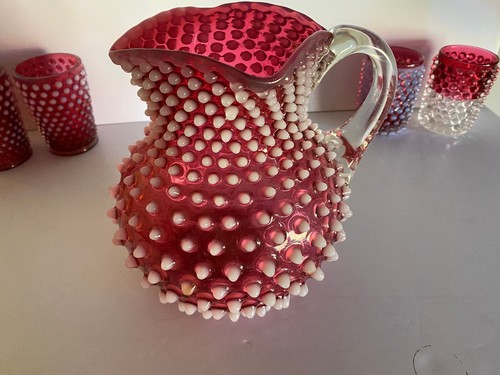 EAPG Hobbs Brockunier Dewdrop Cranberry Opalescent Water Pitcher - Picture 8 of 9