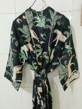 Indian Black Jungle Printed Cotton Kimono Women Bath Robe Sleepwear Dress Gown
