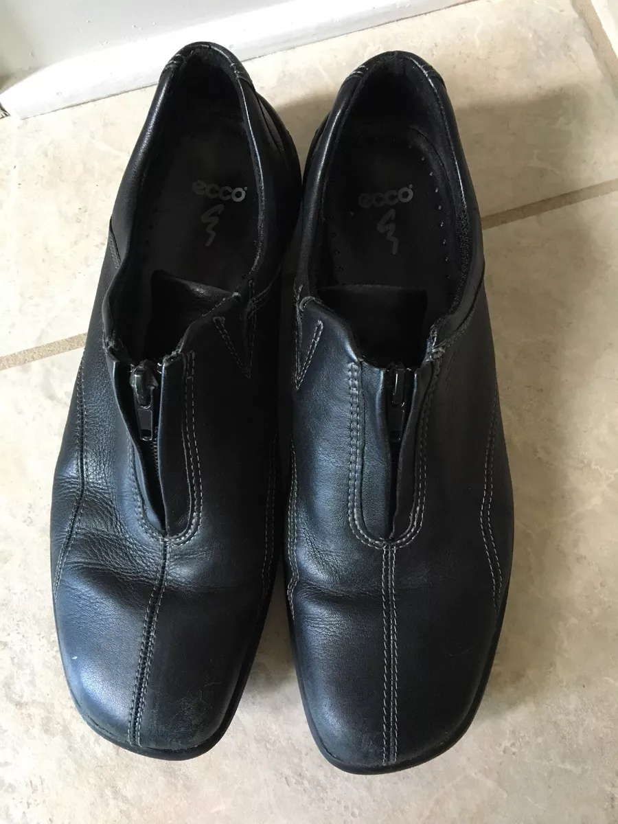 ECCO Men's Slip on Loafers Zip Up Front Shoes BLACK SOFT LEATHER Latex  Soles 7.5