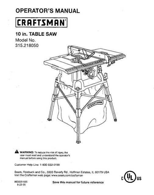Craftsman 315.218050 Table Saw Owners Instruction Manual eBay