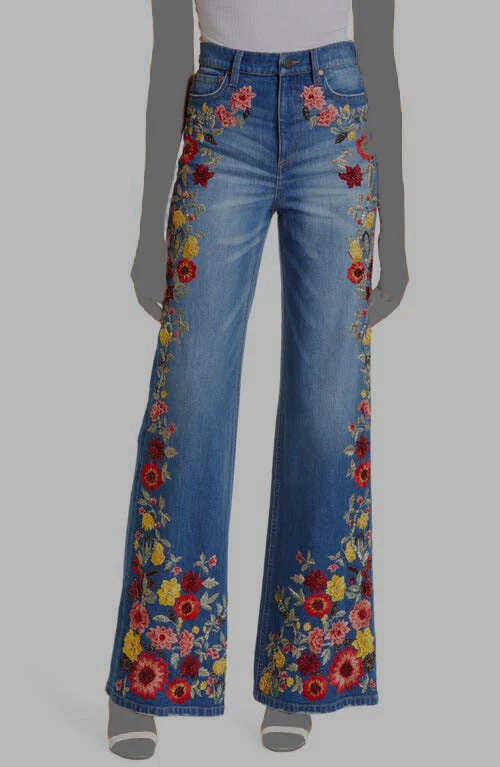 695 Alice Olivia Women s Blue Embroidered Wide Leg Jeans Pants Size 26